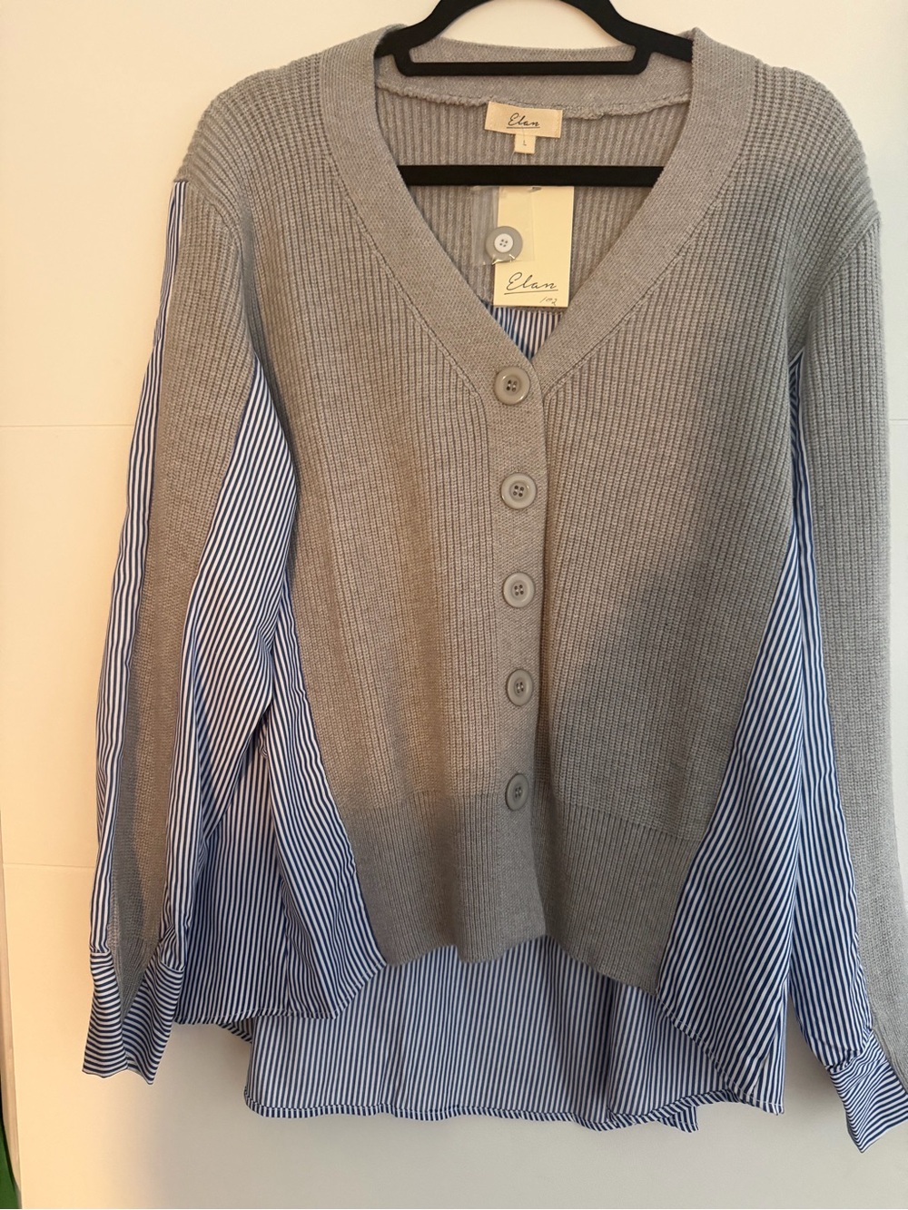 Elan Gray Knit Cardigan with Blue-White Striped Shirt Panels
